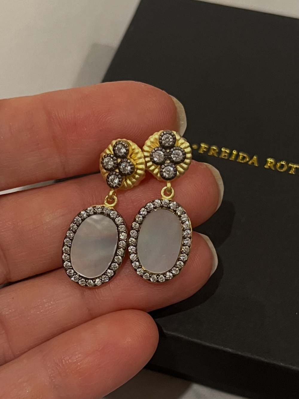 Freida Rothman Gold Mother-of-Pearl Drop Earrings with Crystal Halo